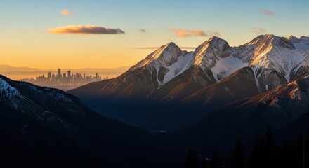 Obraz premium Majestic Snow-Capped Mountains at Golden Sunrise with Distant City Skyline and Vibrant Sky