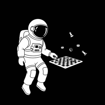 Astronaut playing checkers in space with floating pieces and a chessboard.
