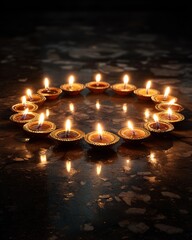 Traditional oil lamps (diyas) arranged in a circular pattern on a dark surface, symbolizing Diwali.