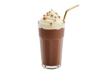 Delicious chocolate milkshake with whipped cream and hazelnuts isolated on white, refreshing dessert drink with straw for menu design
