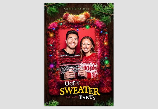 Christmas Photo Frame Flyer Template with Ugly Sweater Party Theme