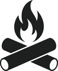 Black campfire illustration with burning flames on transparent background silhouette