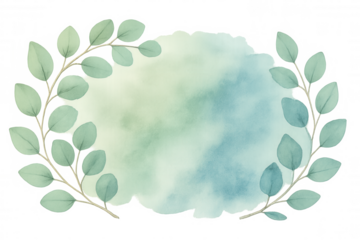 Watercolor eucalyptus leaves wreath framing gradient green blue splash, creating elegant floral natural design on transparent background
