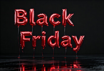 Shiny red foil balloon letters spelling "Black Friday" against a sleek black background. 