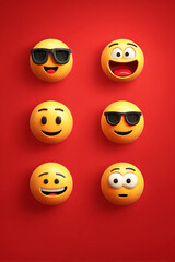 Obraz premium A vibrant display of six cheerful emoji faces on a bold red background, showcasing various emotions