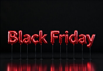 Shiny red foil balloon letters spelling "Black Friday" against a sleek black background. 