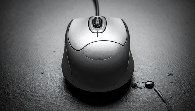 Describe a white computer mouse with black scroll wheel and trim, placed centrally on a dark surface. Highlight its symmetrical, ambidextrous design and the subtle lighting that emphasizes its contour