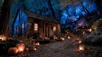 Enchanting halloween night scene with a rustic cabin illuminated by glowing pumpkins and lanterns