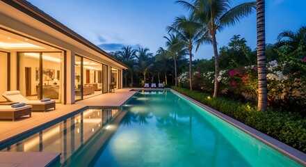 Fototapeta premium Elegant villa retreat with a stunning infinity pool reflecting the twilight sky and lush tropical landscaping creating