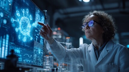 Medical researcher in futuristic lab analyzing data
