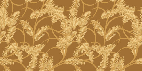 Seamless pattern with plants in golden tones. Stock vector illustration for background, textile, or wrapping paper.
