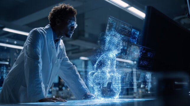 Medical researcher in futuristic lab analyzing data