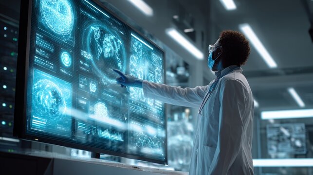 Medical researcher in futuristic lab analyzing data - Powered by Adobe