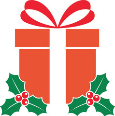 Festive red gift box with holly and ribbon perfect for celebrations silhouette on transparent background