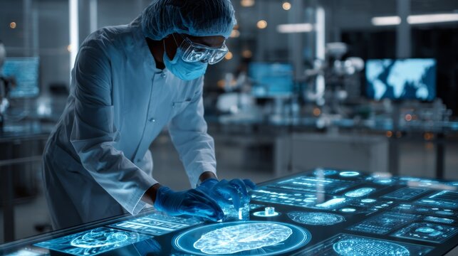 Medical researcher in futuristic lab analyzing data - Powered by Adobe