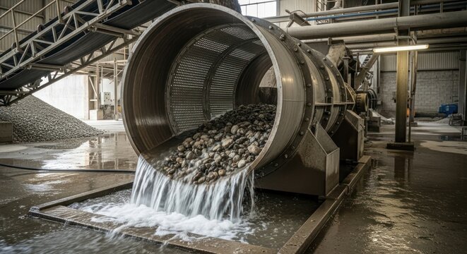 Industrial Aggregate Washing: Large Trommel Screen Processing Rocks and Gravel with Flowing Water in a Quarry Plant
