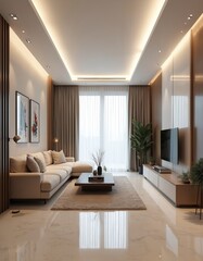 Fototapeta premium Bright modern living room features sectional sofa, coffee table, and entertainment unit. Large windows with sheer curtains fill space with natural light. Wood accents and greenery add warmth.