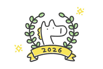 干支の白馬と月桂冠のかわいい2026年シンボル　正月素材・年賀デザイン