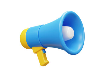 Blue and yellow megaphone PNG isolated on transparent background, 3D rendering announcement tool for communication and marketing