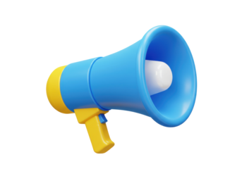 Blue and yellow megaphone PNG isolated on transparent background, 3D rendering announcement tool for communication and marketing