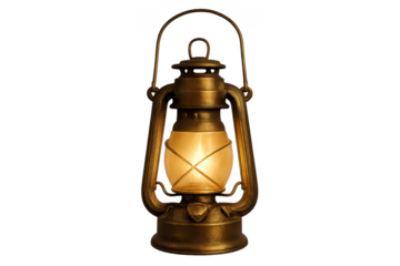 Vintage brass kerosene lantern illuminating on transparent background