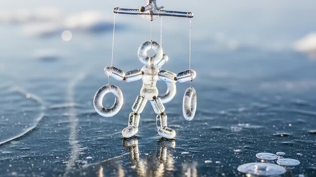 Artistic puppet figure with rings suspended in a surreal environment.