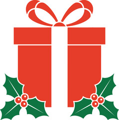 Festive red gift with holly and bow illustration on transparent background silhouette