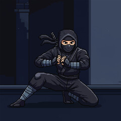 A pixel art illustration of a ninja in a black suit and hood, crouching in a fighting stance on a rooftop at night.