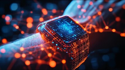 Futuristic smartwatch glowing with intricate digital circuits and interconnected data streams on a human wrist, representing advanced technology and connectivity. - Powered by Adobe