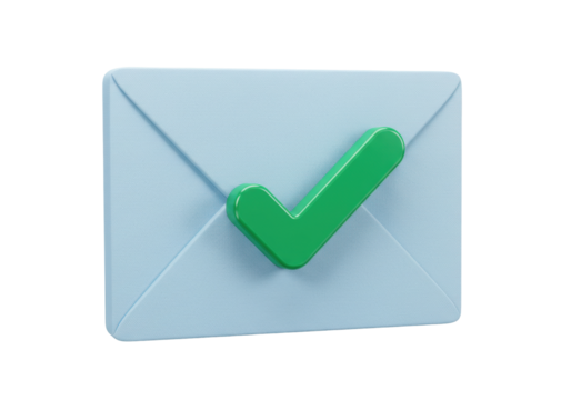 Light blue envelope with green check mark isolated, email confirmation PNG for communication and business