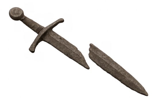 Broken ancient stone sword representing defeat and ruin
