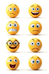 Obraz premium A collection of nine expressive emoji faces showcasing various emotions on a white background