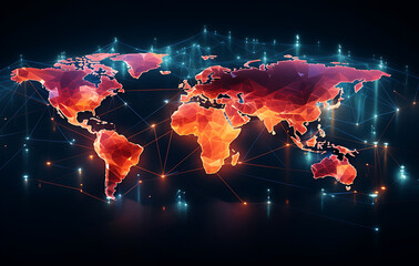 luminous digital depiction of Earth's continents, interwoven with a network of connected lines and nodes that glow, embodying the essence of interconnectedness and the digital age.