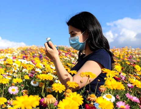 Woman in mask amidst vibrant wildflowers, using inhaler - Powered by Adobe