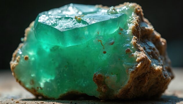 Close-up of a chrysoprase gemstone with light caustics. Green crystal stone inside rough brown rock. Mineral macro photo shows the gem surface details. Art of precious stone for jewelry.