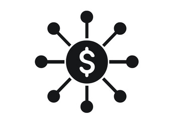 Financial distribution icon showing money diversification and investment. Vector concept of cash flow, funding channels, revenue streams, and economic network for business growth.
