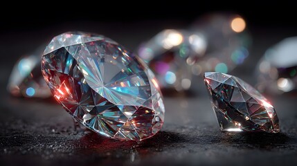 Close up of several dazzling diamonds shimme with iridescent colors across a dark textured surface creating a beautiful display of wealth and luxury.