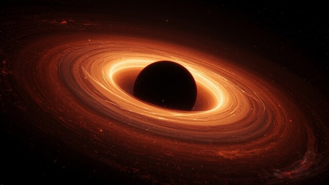 Stunning Hyperrealistic Rendering of a Glowing Black Hole with Fiery Orange Accretion Disk in Deep Space, Cosmic Science and Astronomy Background