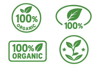 100% Organic stamp icon set. Eco friendly food label. Natural product grunge seal. Green bio badge collection. Vector logo for packaging. Healthy vegan vegetarian food symbol.