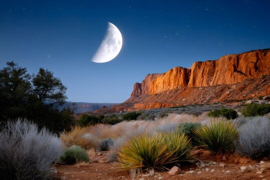 Half moon illuminating red desert mesa at night