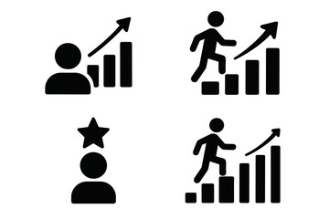 Career growth and personal development icon set. Man climbing stairs to success. Symbol of progress, promotion, and achievement. Upward arrow on bar chart for improvement and motivation.