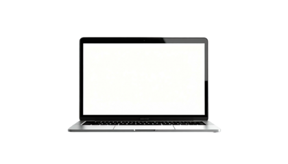 Modern silver laptop computer open with blank white screen on white background.