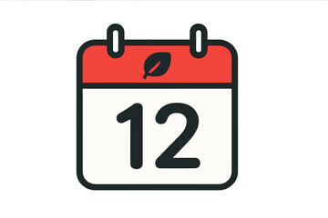 Fototapeta premium Vector calendar icon showing date 12. Day twelve symbol. Schedule, appointment, event planner. Organizer reminder for deadline. Time management concept. Seasonal date with leaf.