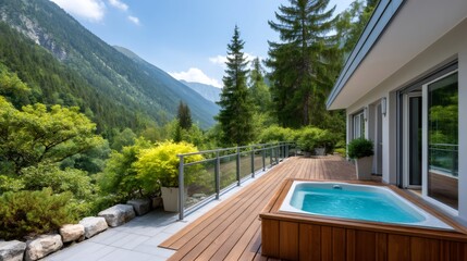 Fototapeta premium Luxury hot tub on a modern deck overlooking mountains