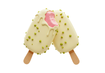 Two pistachio ice cream bars isolated on transparent background, delicious summer dessert with pink filling and wooden stick