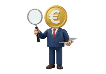 Euro coin head businessman isolated holding tablet and magnifying glass, financial analysis concept on transparent background PNG