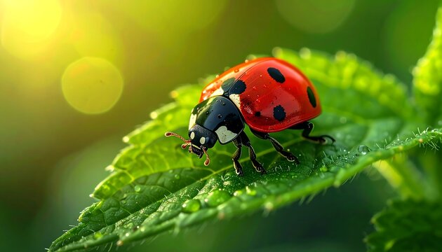 Ladybug on green leaf with water droplets and sun