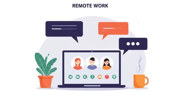 Laptop displaying video call with three people plant and coffee cup