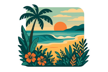 Fototapeta premium Santa Barbara California West Coast beach sunset paradise with palm trees tropical flowers sea waves coastal landscape vector illustration transparent background
