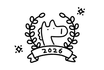 干支の馬と月桂冠のかわいい2026年シンボルのラインアート　正月素材・モノクロ
